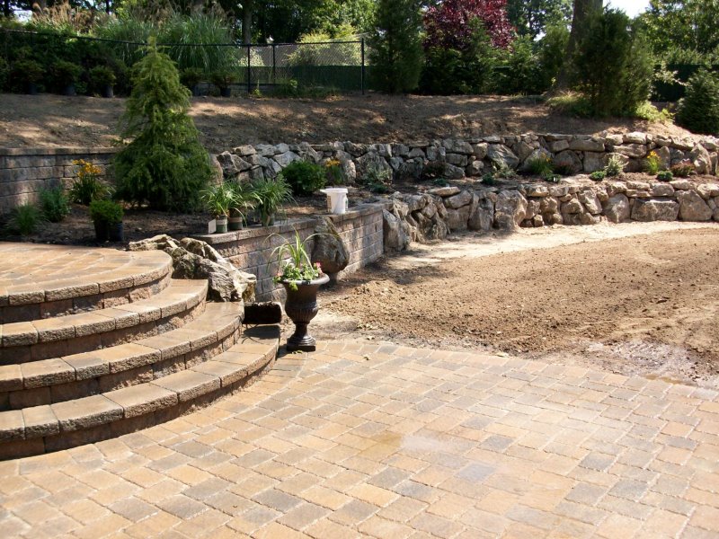 backyard staircase with retaining walls